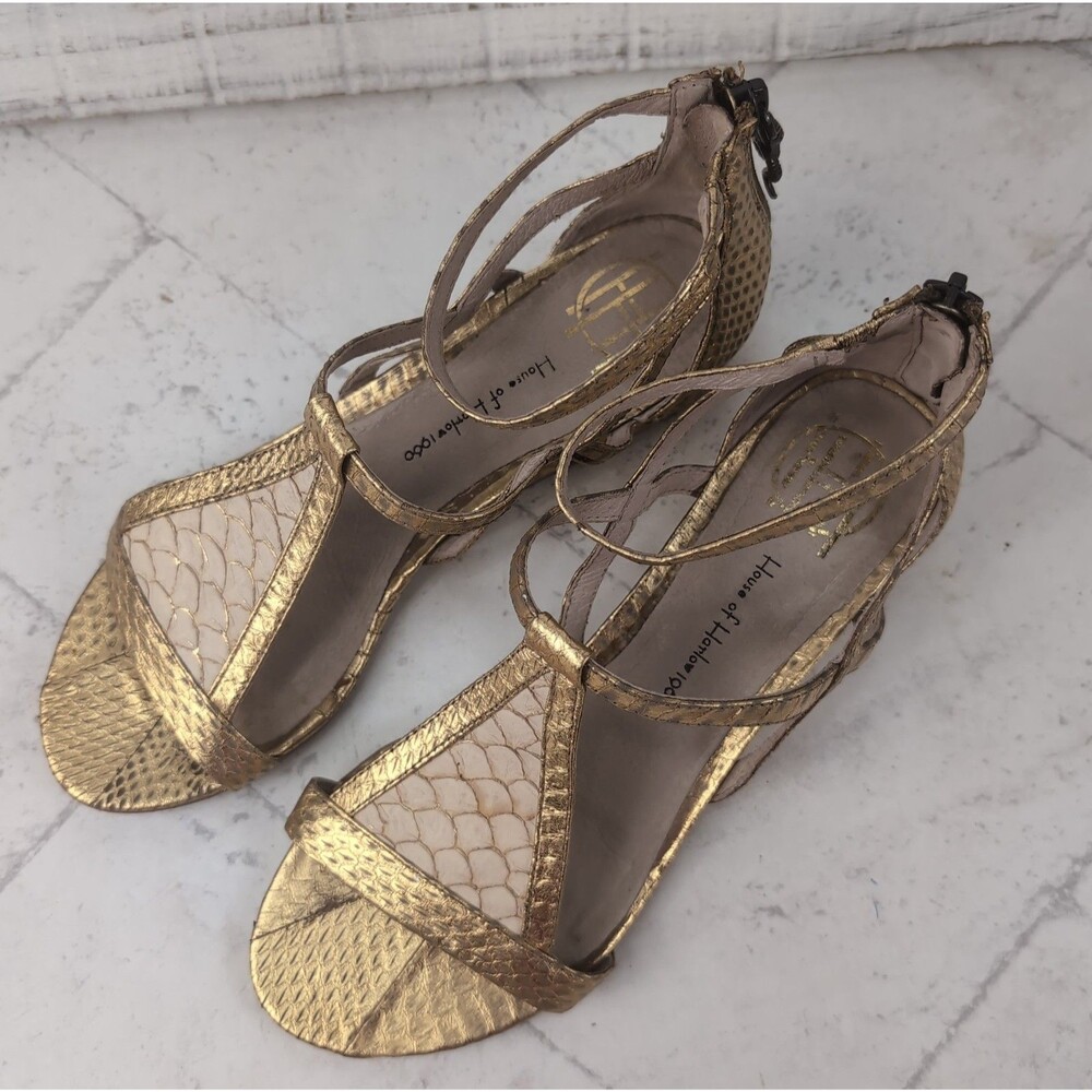 House of Harlow Gold Casmine Gladiator Wedge Sandal Snake Charms Size 6 | 36.5 - Picture 4 of 14